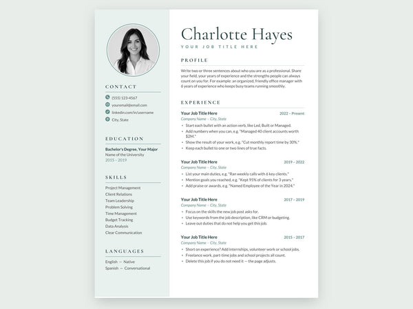 Charlotte resume template, sage teal