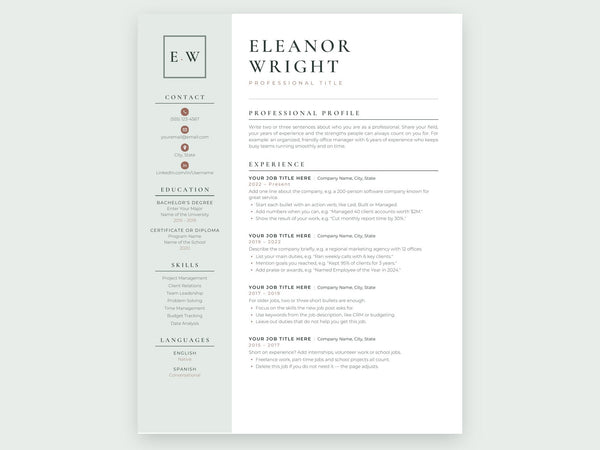 Eleanor resume template, monogram, sage