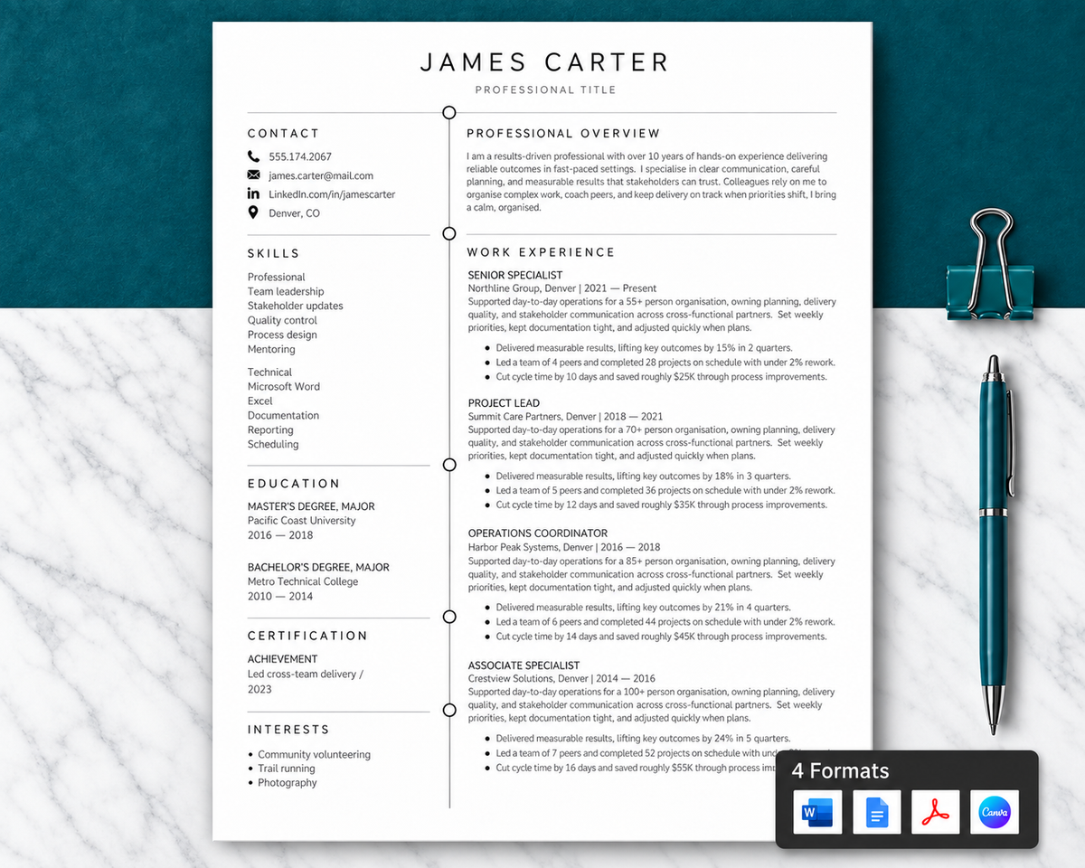 Professional Resume Template + Cover Letter | Modern Two-Page, ATS
