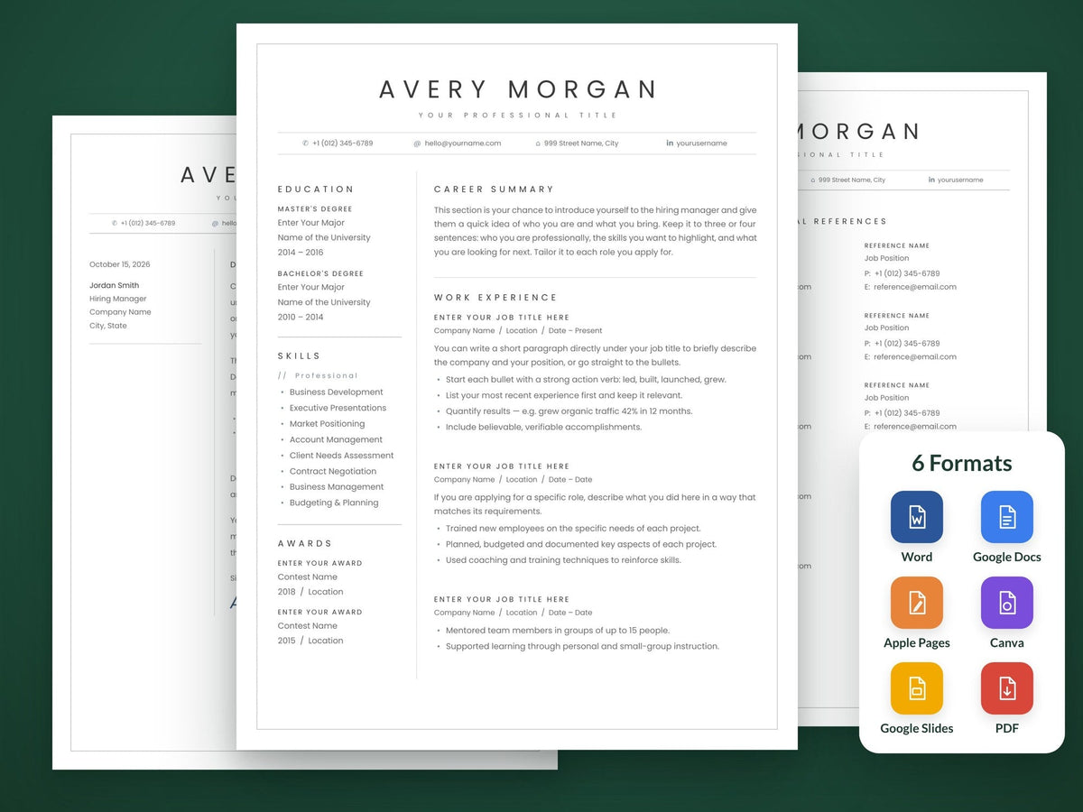 Elegant emerald resume template, cover letter and references
