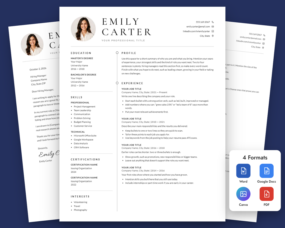 Professional Resume Template with Photo for Microsoft Word, Apple Pages & Google Docs, CV Template