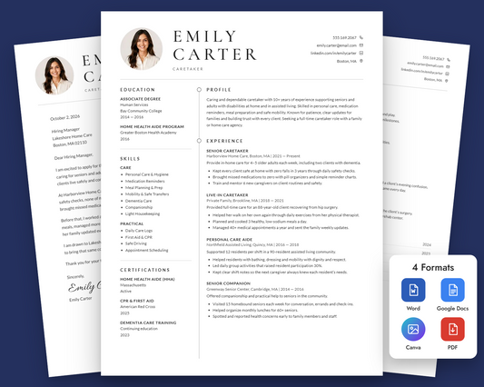 Caretaker Resume Template + Cover Letter | Modern Two-Page, ATS