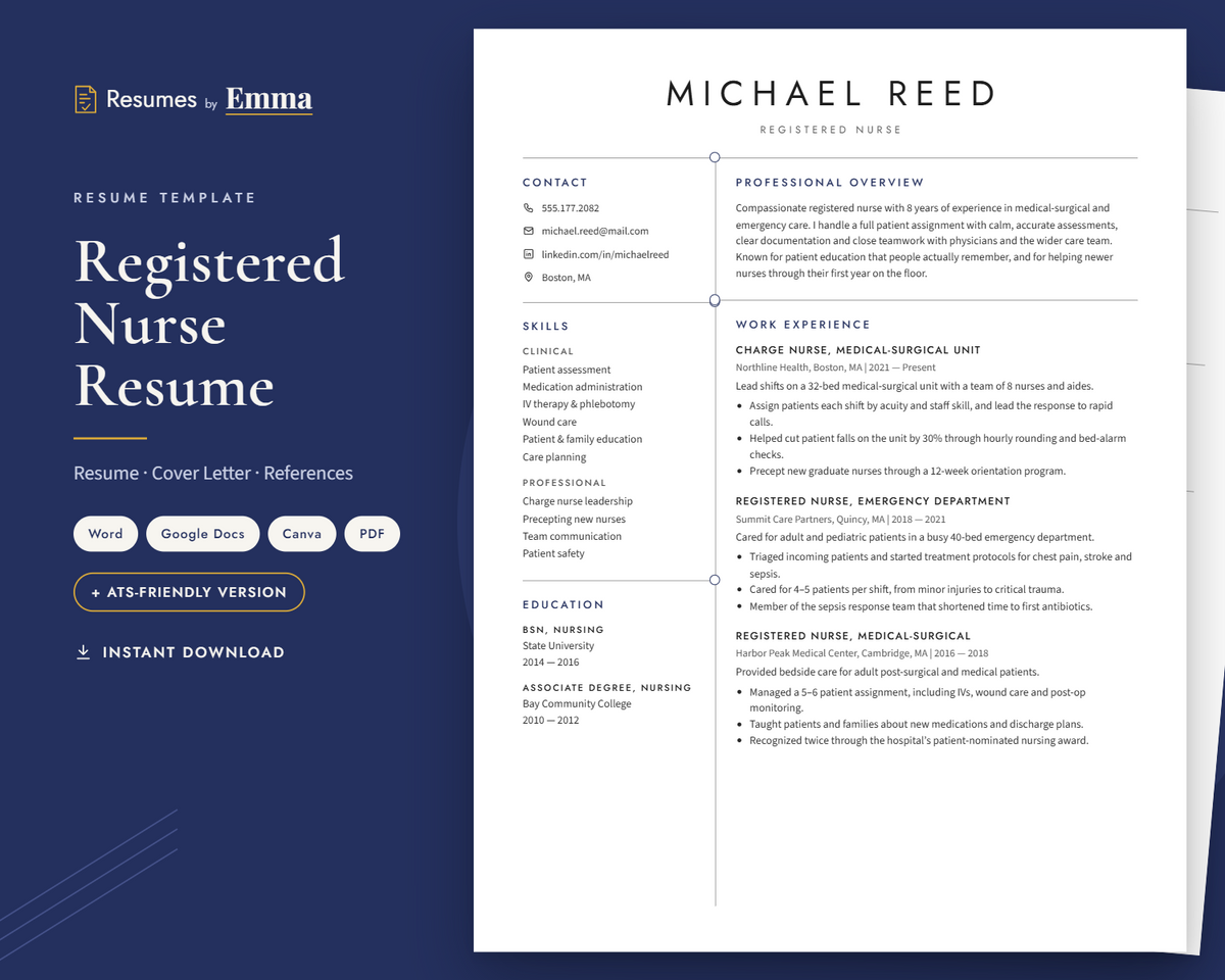 Nurse Resume Template + Cover Letter | Modern Two-Page, ATS