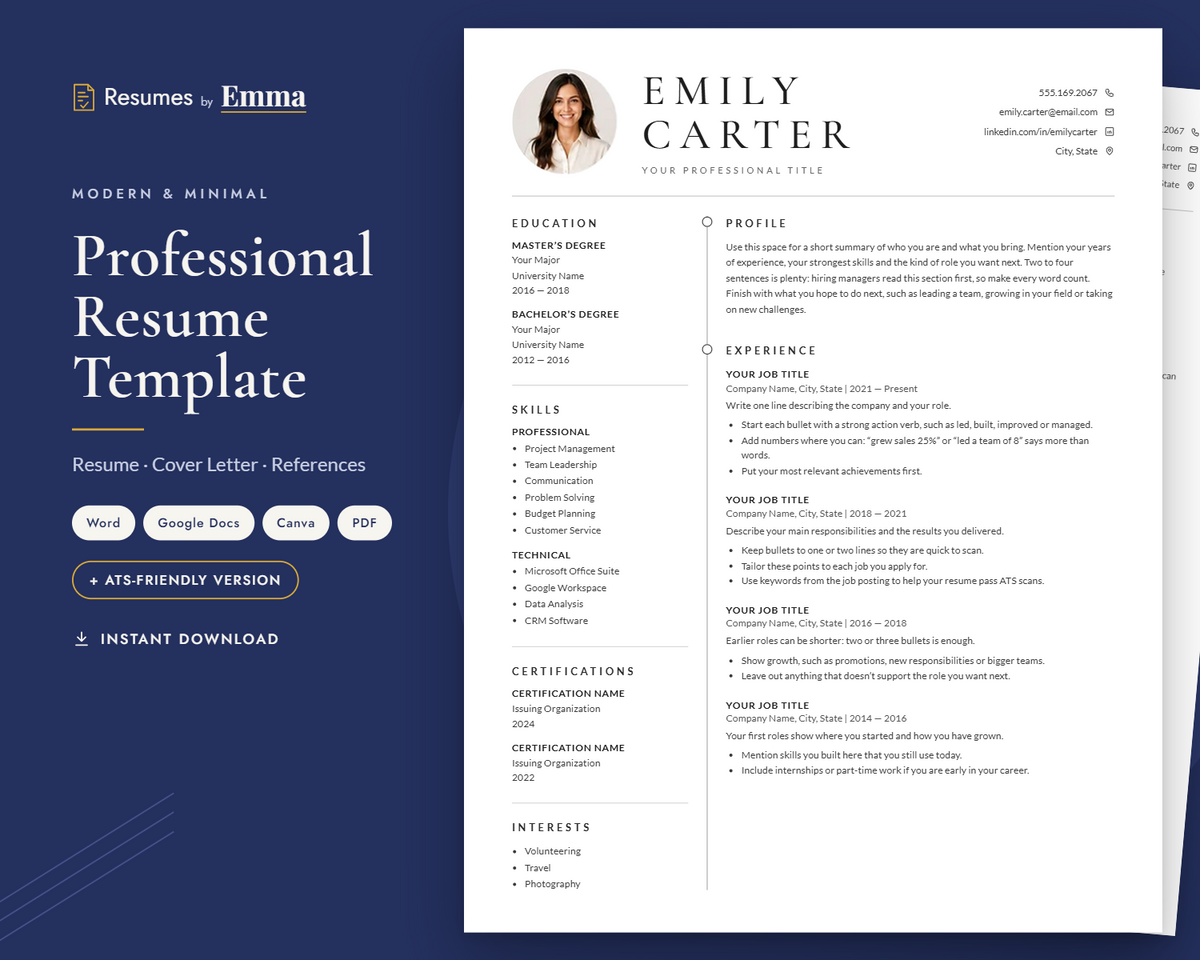 Professional Resume Template with Photo for Microsoft Word, Apple Pages & Google Docs, CV Template