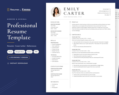 Professional Resume Template with Photo for Microsoft Word, Apple Pages & Google Docs, CV Template
