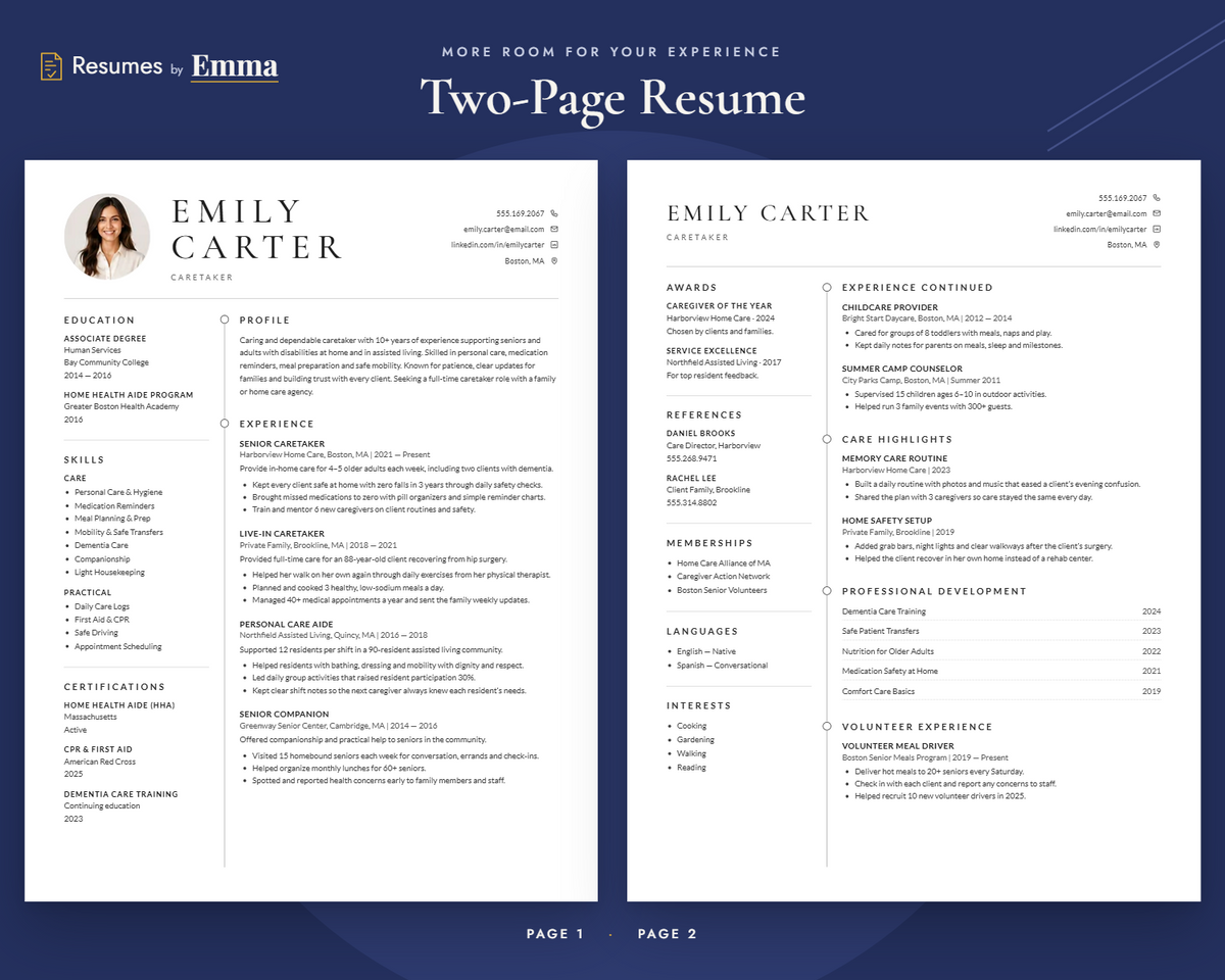 Caretaker Resume Template + Cover Letter | Modern Two-Page, ATS