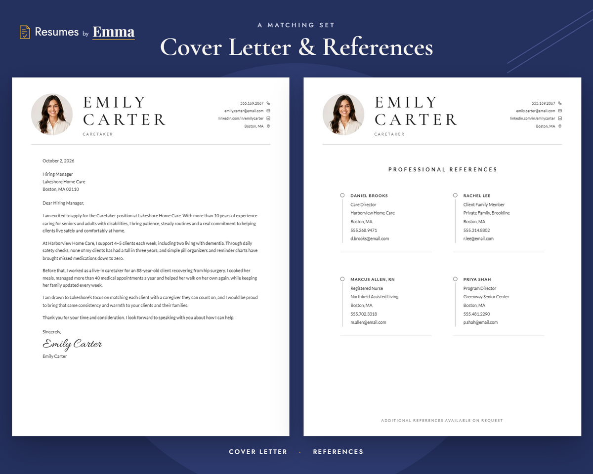 Caretaker Resume Template + Cover Letter | Modern Two-Page, ATS