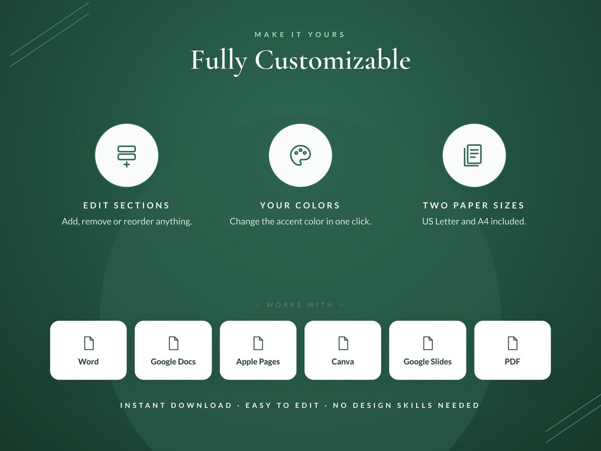 Fully customizable in Word, Google Docs, and Canva