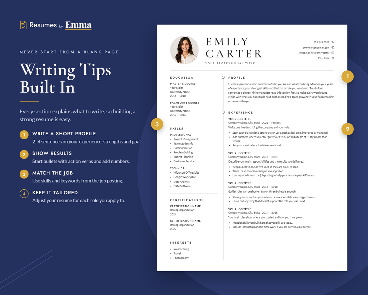 Professional Resume Template with Photo for Microsoft Word, Apple Pages & Google Docs, CV Template