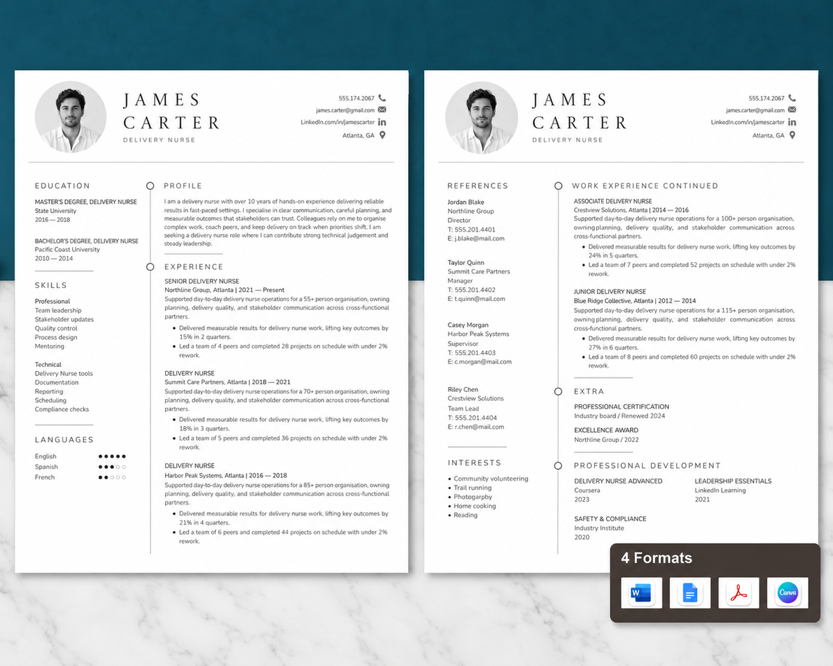 Delivery Nurse Resume Template + Cover Letter | Modern Two-Page, ATS