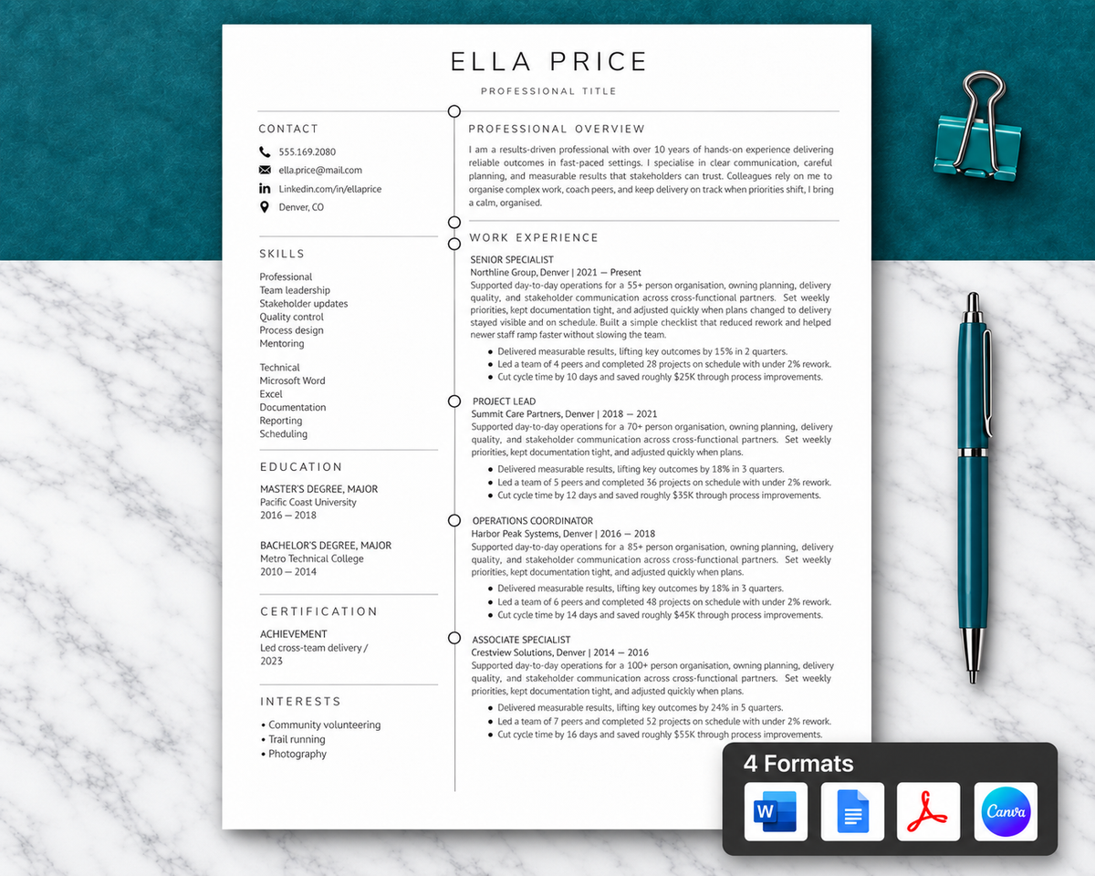 Modern ATS Resume Template + Cover Letter | Word, Docs & Canva