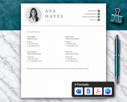 Nanny Resume Template + Cover Letter | Modern Two-Page, ATS