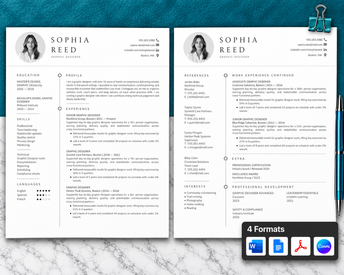 Graphic Designer Resume Template + Cover Letter | Modern Two-Page, ATS
