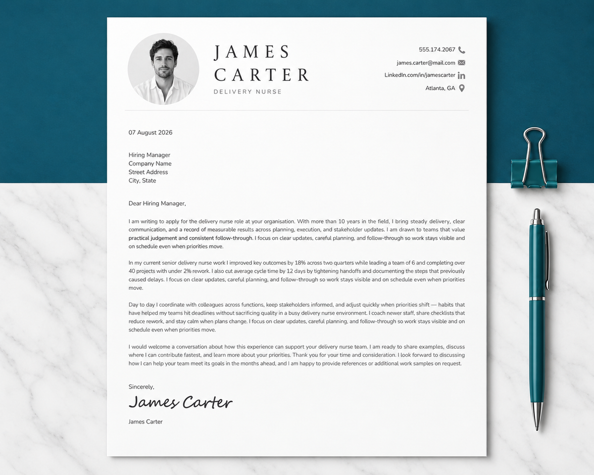 Delivery Nurse Resume Template + Cover Letter | Modern Two-Page, ATS