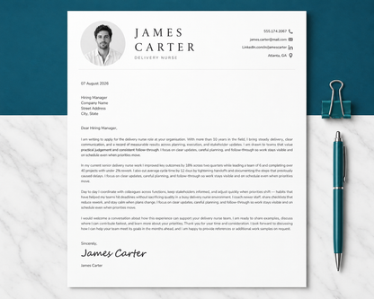 Delivery Nurse Resume Template + Cover Letter | Modern Two-Page, ATS