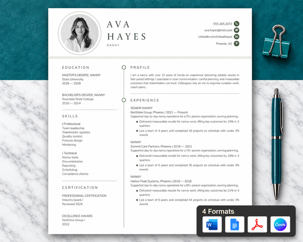 Nanny Resume Template + Cover Letter | Modern Two-Page, ATS