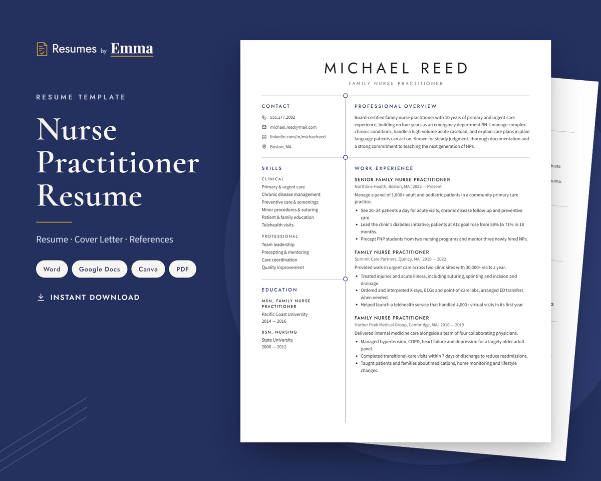 Nurse Practitioner Resume Template + Cover Letter | Modern Two-Page, ATS