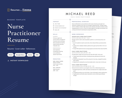 Nurse Practitioner Resume Template + Cover Letter | Modern Two-Page, ATS