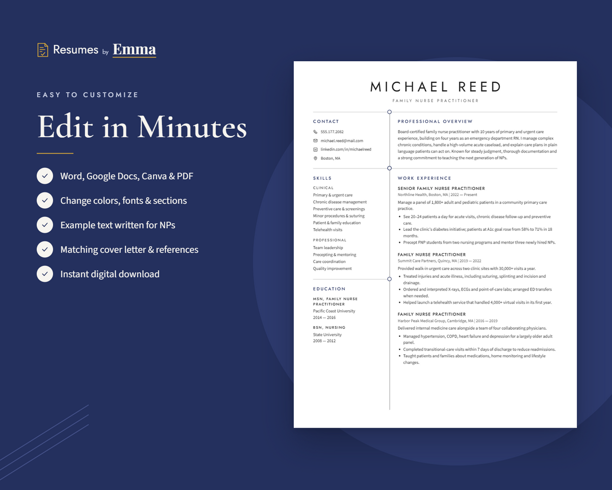 Nurse Practitioner Resume Template + Cover Letter | Modern Two-Page, ATS