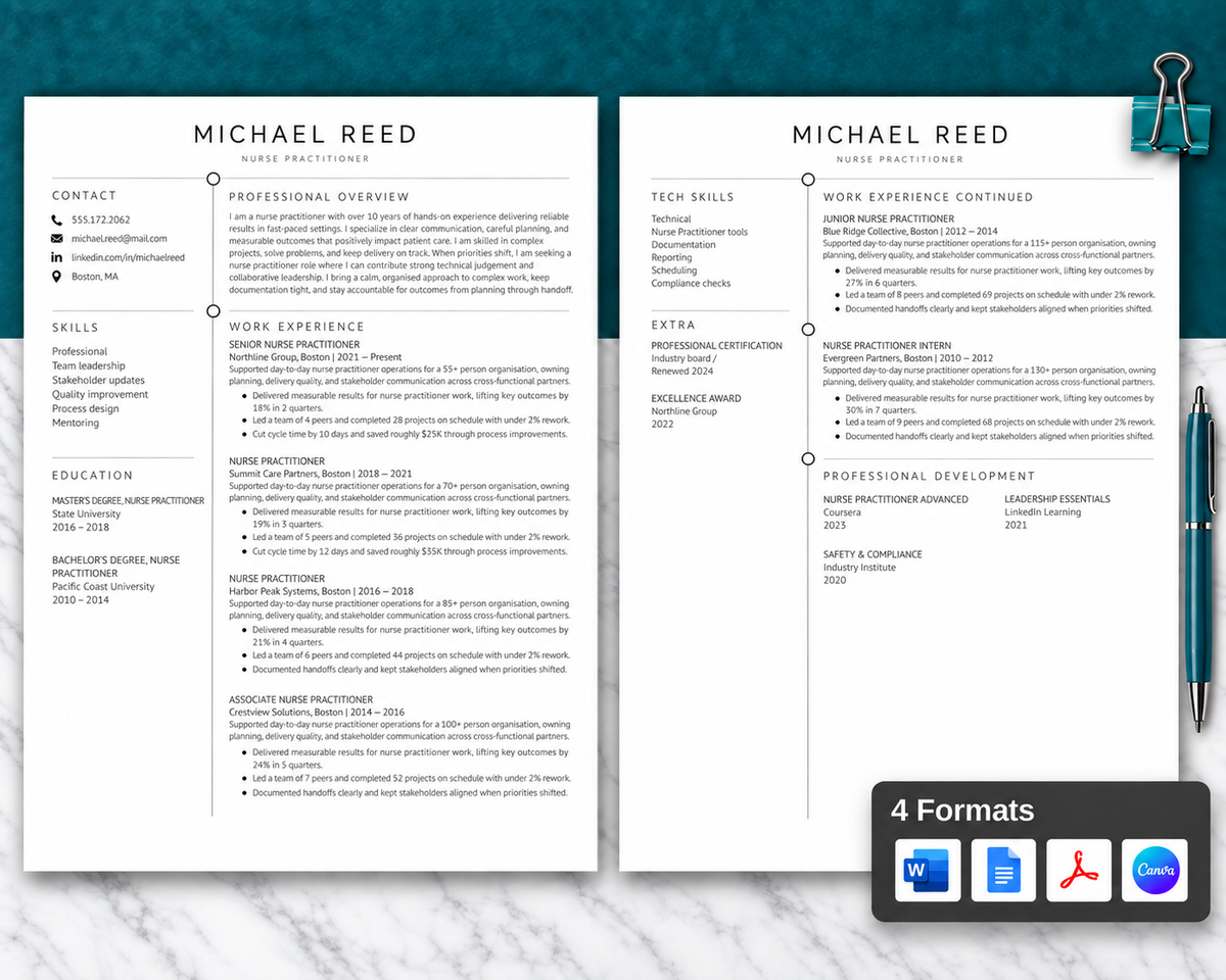 Nurse Practitioner Resume Template + Cover Letter | Modern Two-Page, ATS