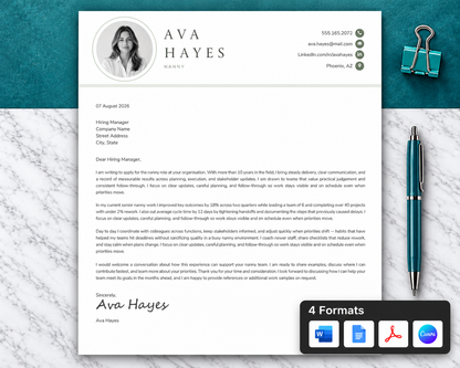 Nanny Resume Template + Cover Letter | Modern Two-Page, ATS