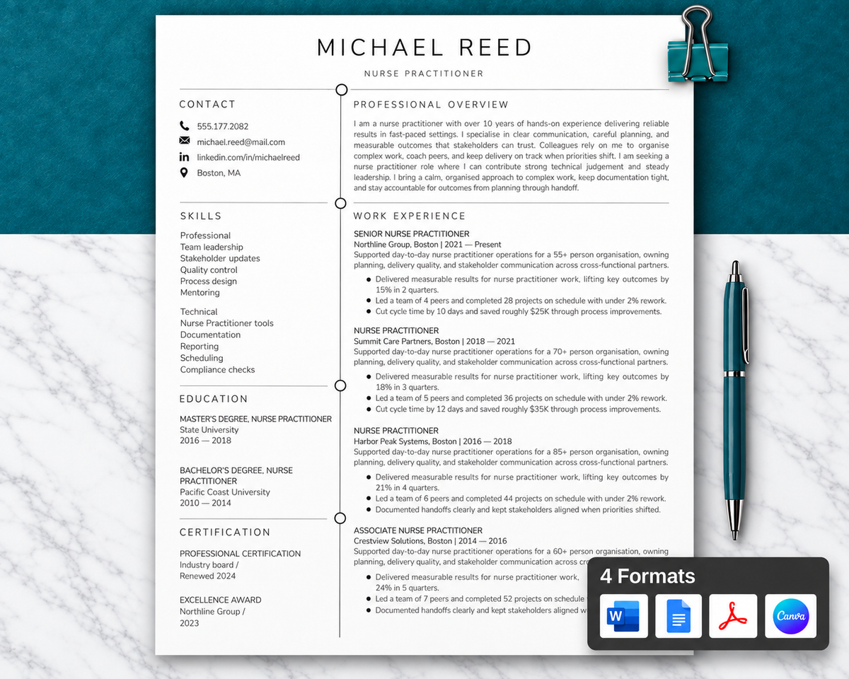 Nurse Practitioner Resume Template + Cover Letter | Modern Two-Page, ATS
