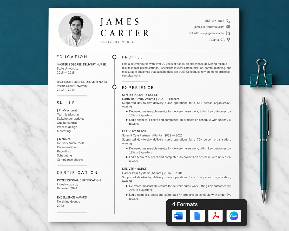 Delivery Nurse Resume Template + Cover Letter | Modern Two-Page, ATS
