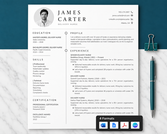 Delivery Nurse Resume Template + Cover Letter | Modern Two-Page, ATS