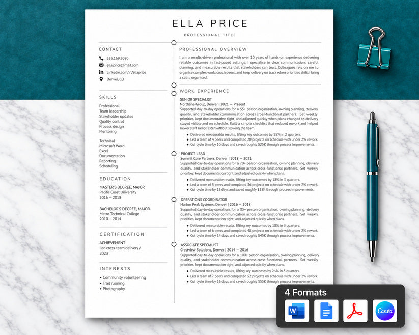 2 Page Resume Template + Cover Letter | ATS-Friendly 2026