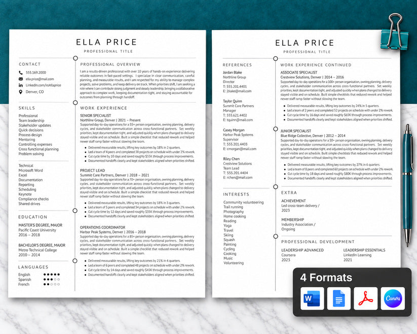 2 Page Resume Template + Cover Letter | ATS-Friendly 2026