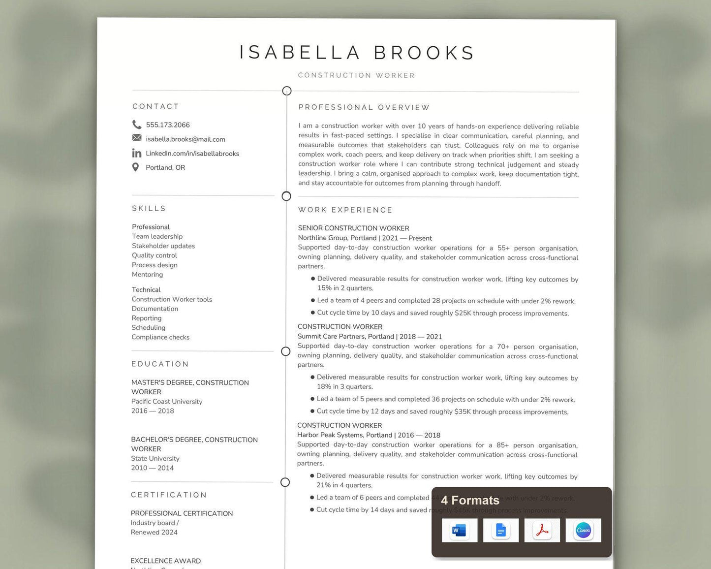 Construction Worker Resume Template