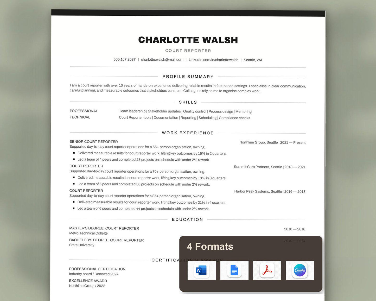 Court Reporter Resume Template