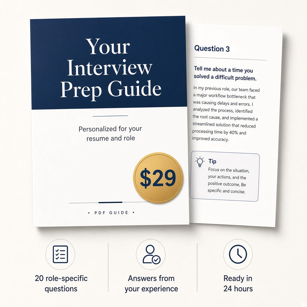 Your Interview Prep Guide — $29, 20 role-specific questions, answers from your experience, ready in 24 hours
