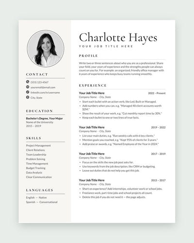 Charlotte resume template, Black & white