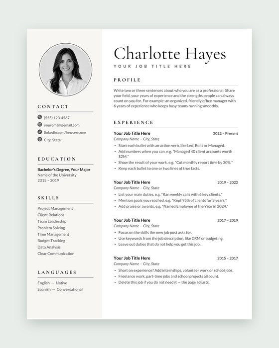 Charlotte resume template, Black & white
