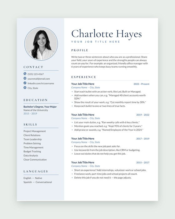 Charlotte resume template, Dusty blue