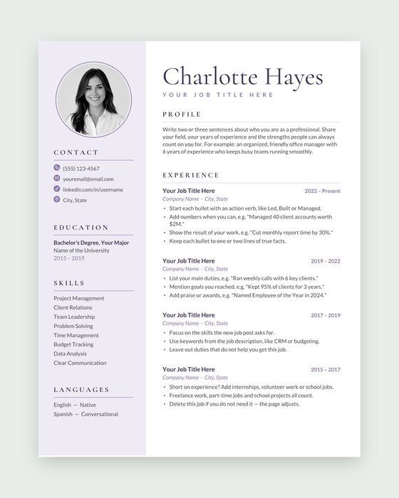 Charlotte resume template, Lavender