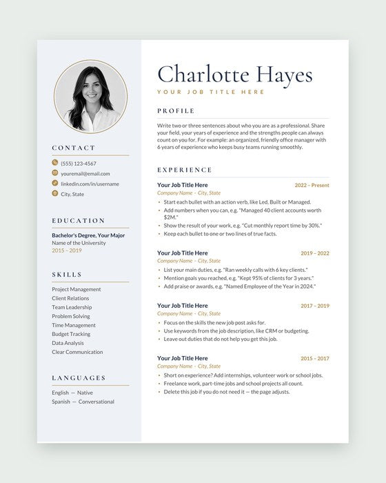 Charlotte resume template, Navy & gold