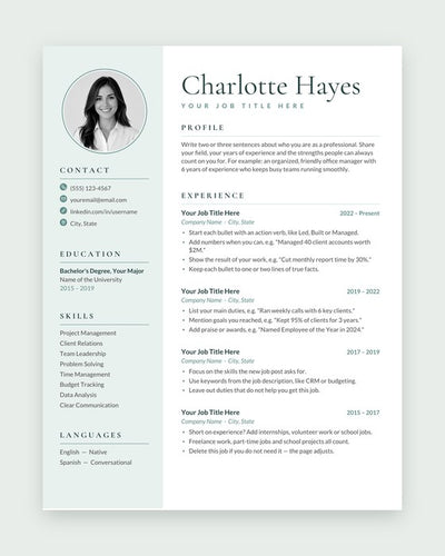 Charlotte resume template, Sage teal