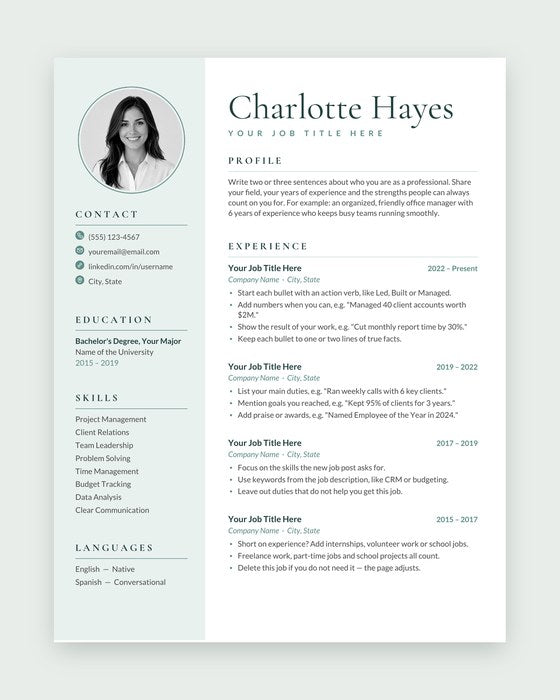 Charlotte resume template, Sage teal