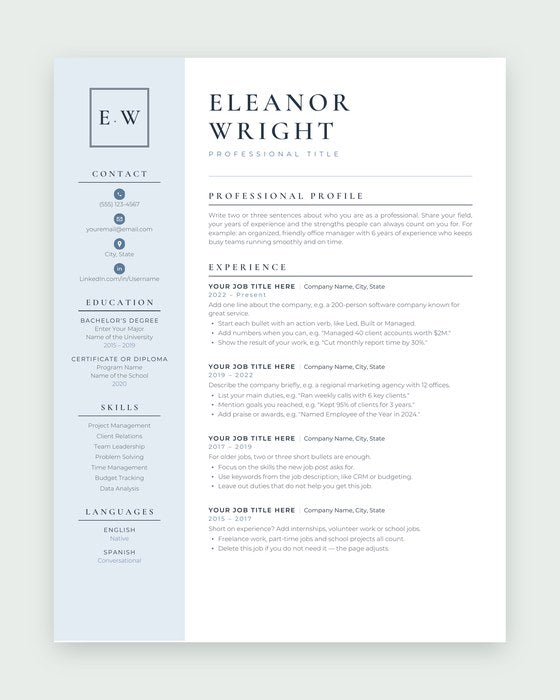 Eleanor resume template, Monogram · light blue