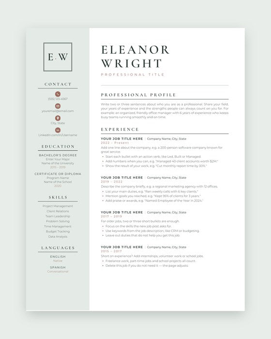 Eleanor resume template, Monogram · sage