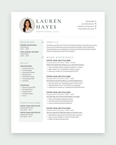 Everyday resume template, Photo · sage sidebar
