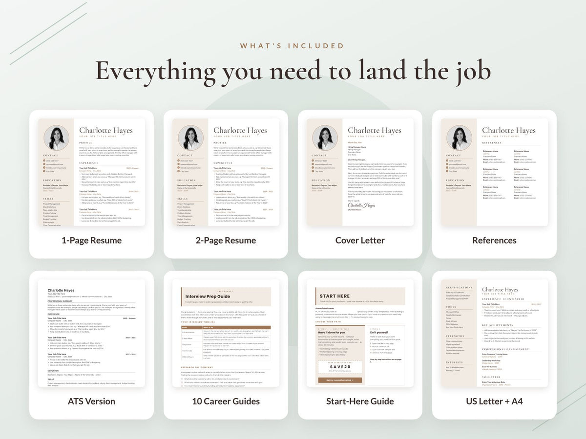 Everything in the Charlotte download: resume, cover letter, references, ATS version and guides