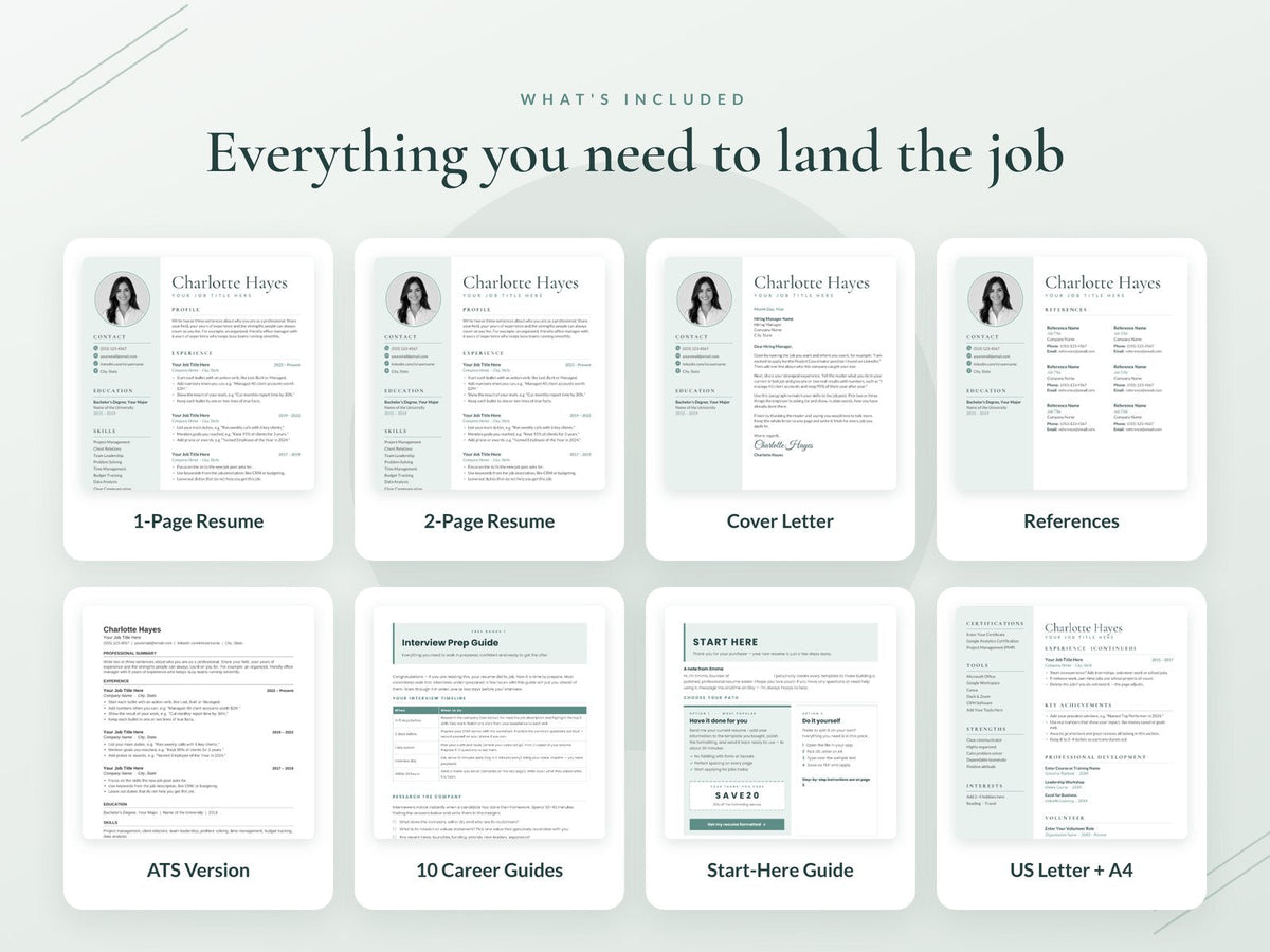 Everything in the Charlotte download: resume, cover letter, references, ATS version and guides