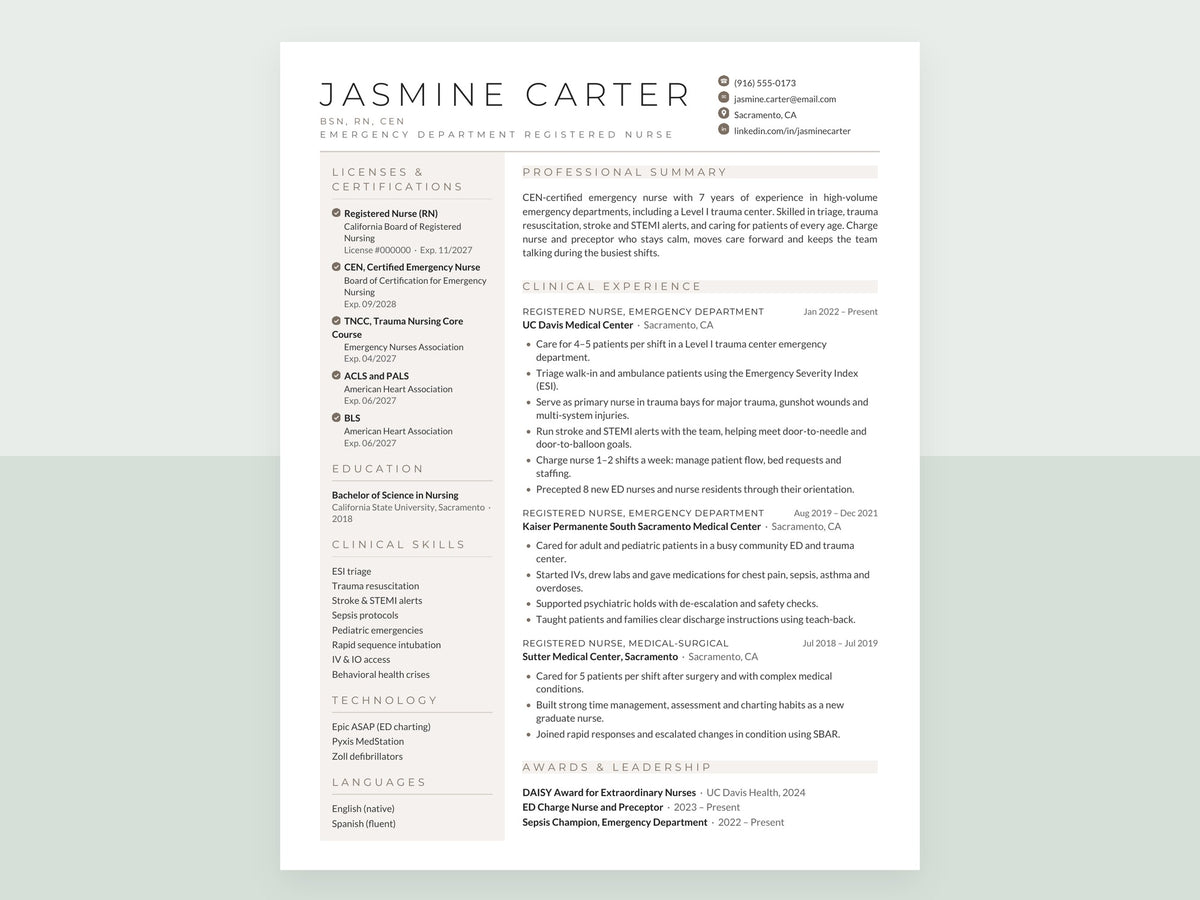 ER Nurse Resume Template | Emergency Room RN, CEN, Trauma | Photo & No ...