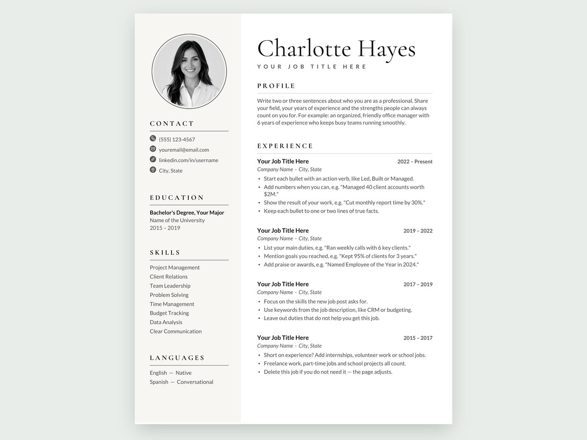 Charlotte resume template, black and white