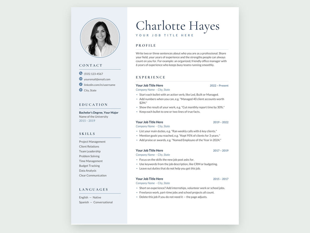 Resume with Photo | Elegant Blue Resume Template | Cover Letter | ATS ...