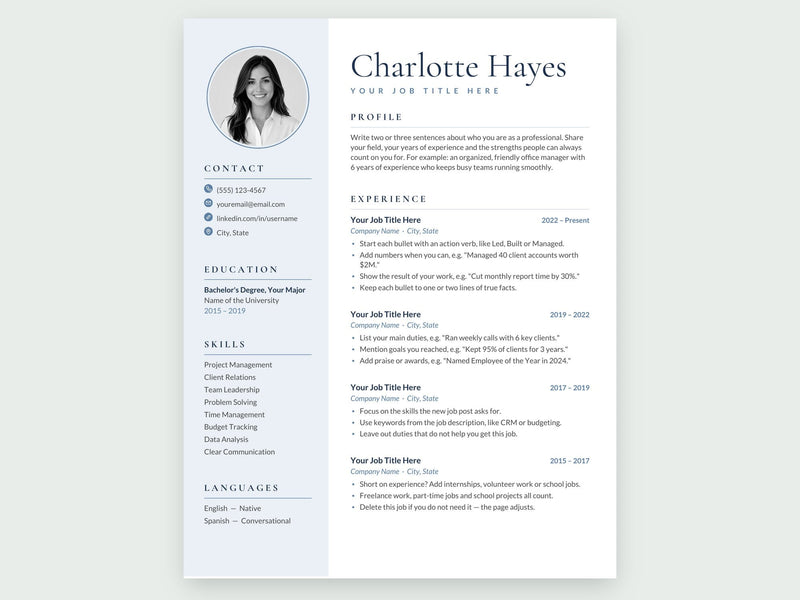 Two Page Resume with Photo | Elegant Blue Resume | Cover Letter ...