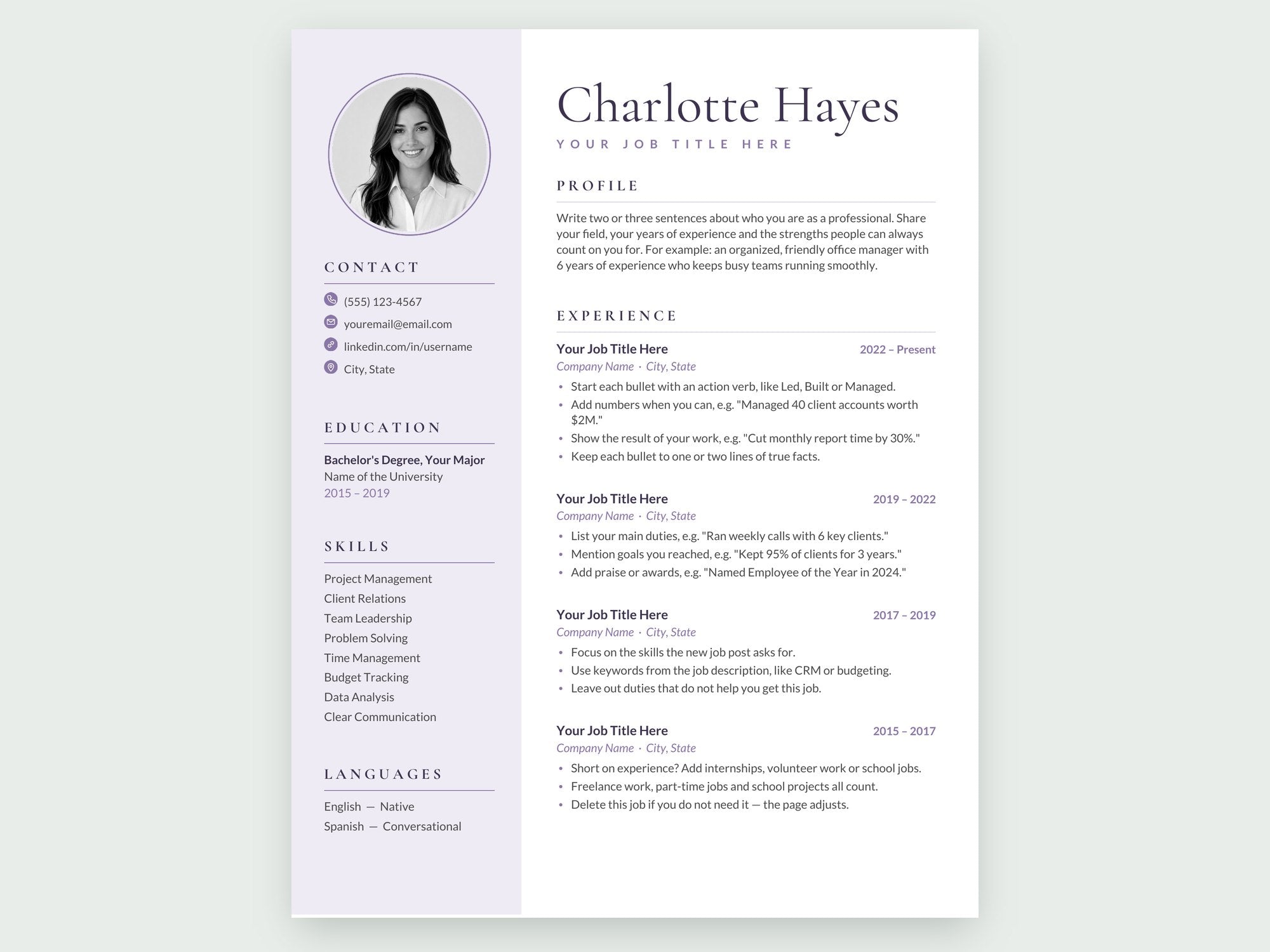 Resume with Photo | Elegant Lavender Resume Template | Cover Letter ...